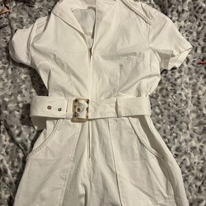White Belted Short Sleeve Jumpsuit
